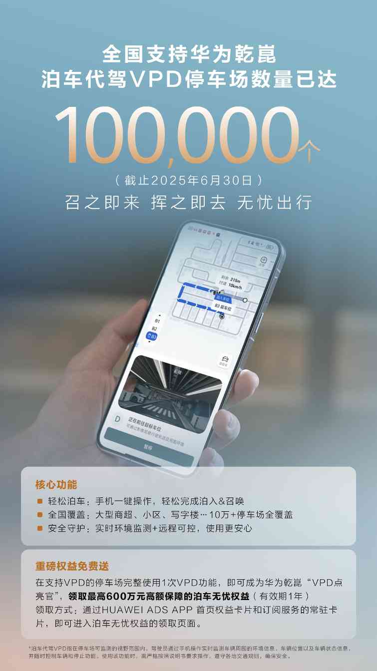 全国 10 万 + 停车场支持华为乾崑 泊车代驾VPD ，开